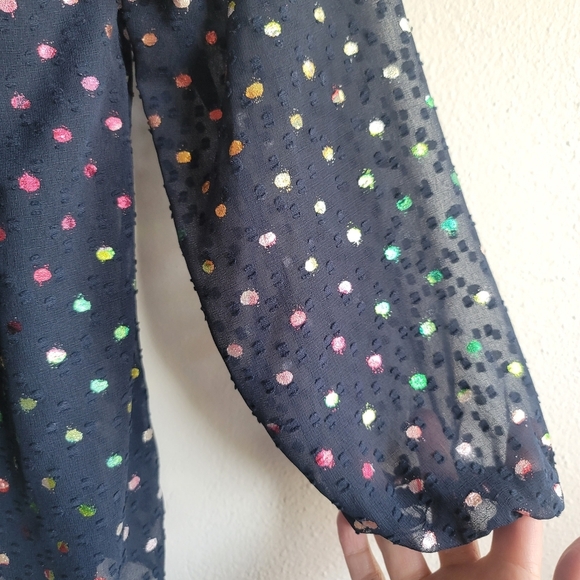 J. Crew, Semi-Sheer Chiffon Swiss Dot Blouse, Navy/Metallic Rainbow, Size XS - Picture 9 of 11